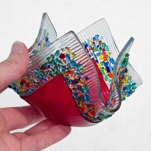 Fused Art Glass Handkerchief Confetti Glass Cherry Votive Hand Made Rainbow
